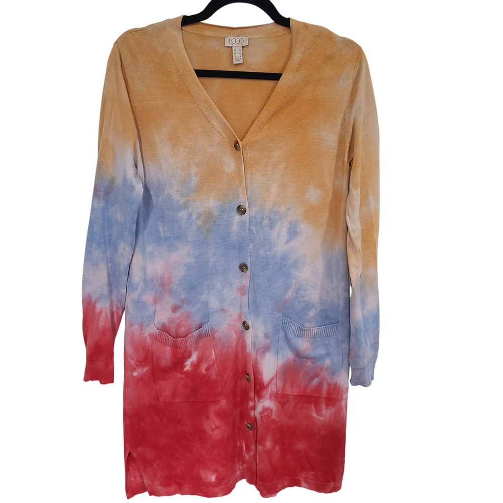 LOGO Lori Goldstein Tie Dye Longline Cardigan XS Orange Blue Red 100% Cotton